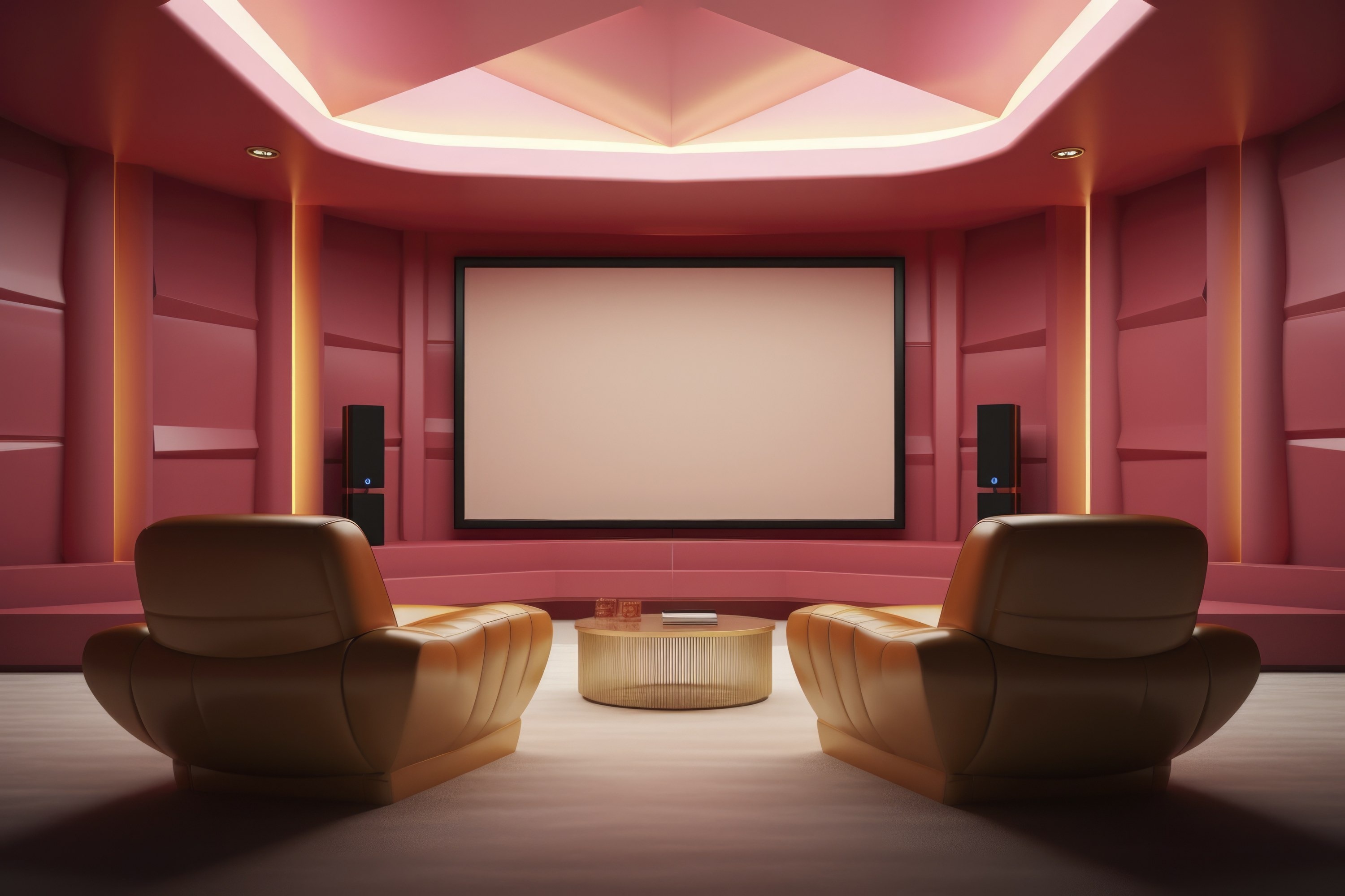 Sala de cinema privado com poltronas de couro, ecrã aceso e luz de sanca